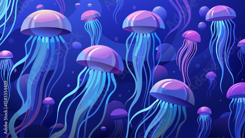 Elegant sea life graphic showing jellyfish swimming in a deep blue ocean, ideal for backgrounds, textile prints, apparel designs, or web designs.