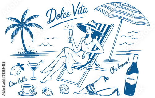 Beachside lifestyle illustration with woman under umbrella, wine, coffee, strawberry, bikini, and Italian phrases—evoking la dolce vita charm