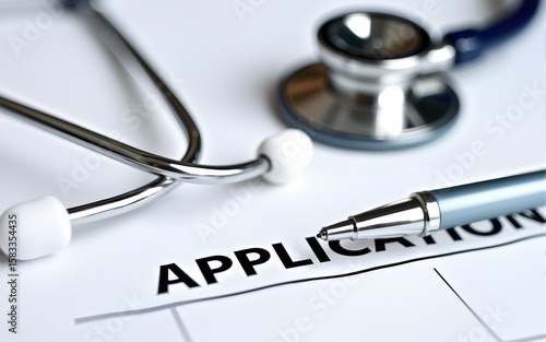 Stethoscope head and silver pen lying on medical application form. High quality