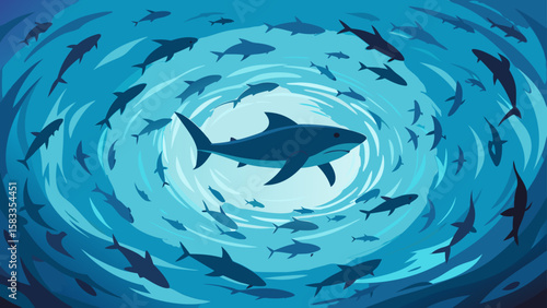 Swirling ocean currents with sharks create an underwater predator design perfect for marine life projects and bold design elements.