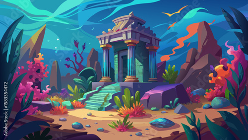 Discover a captivating underwater temple scene with vibrant coral and marine plants in an animated style, perfect for adventurous designs.
