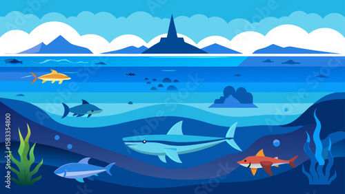 A serene oceanic view showcases sharks and marine life, perfect for a nature-themed design or educational graphic presentation.