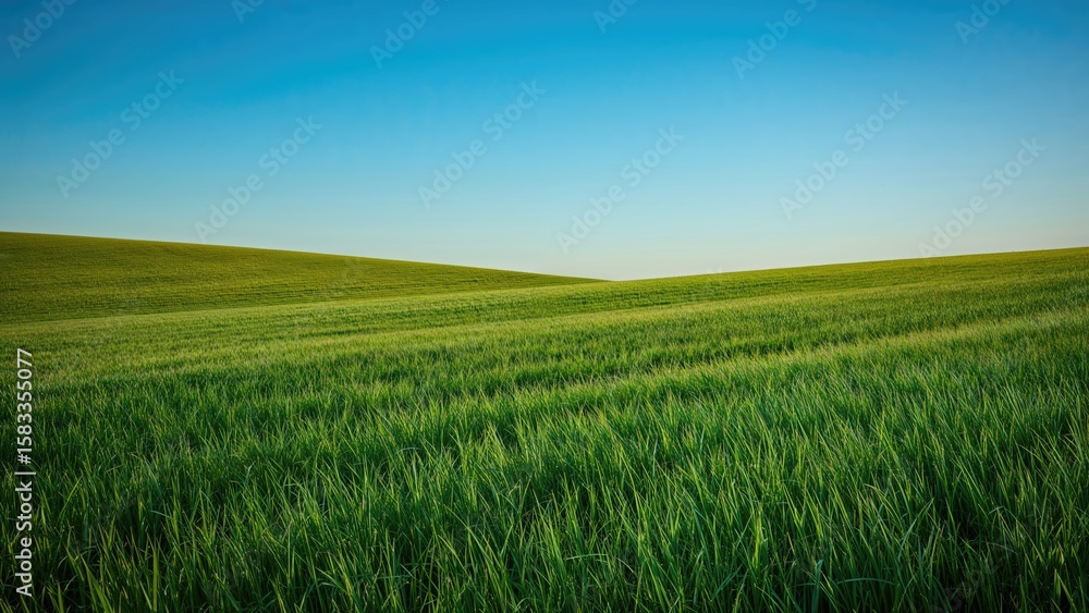 Fototapeta premium Expansive green pasture with a serene blue backdrop