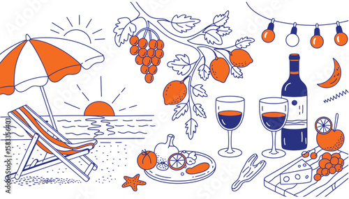 Sunset beach picnic illustration with coastal chair, starfish, wine, fruits, pizza, and string lights—evoking leisure, warmth, and celebration