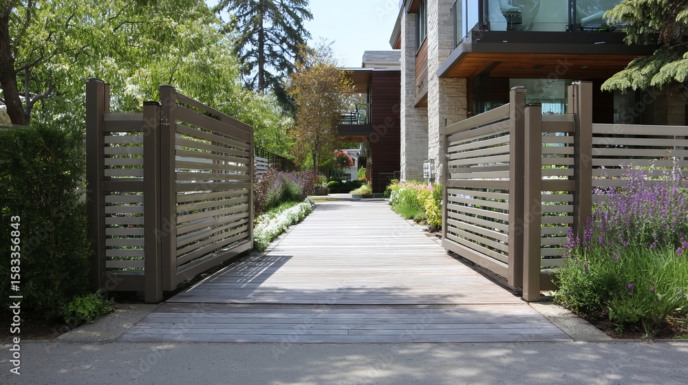 Obraz premium Modern gated entrance with wooden pathway leading to a contemporary home, surrounded by lush greenery.