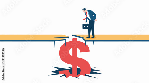 Businessman Facing Financial Crisis Dollar Sign Crack in Ground.