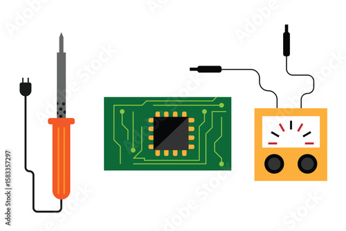 Micro Scheme with Soldering Iron and Tester Flat Style. Industry and electronic devices, electricity vector art