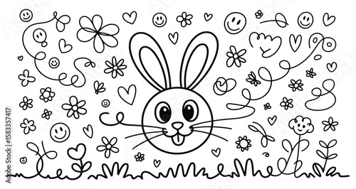 Black and white cartoon bunny surrounded by whimsical doodles—flowers, hearts, butterflies, and swirls—evoking cheerful innocence