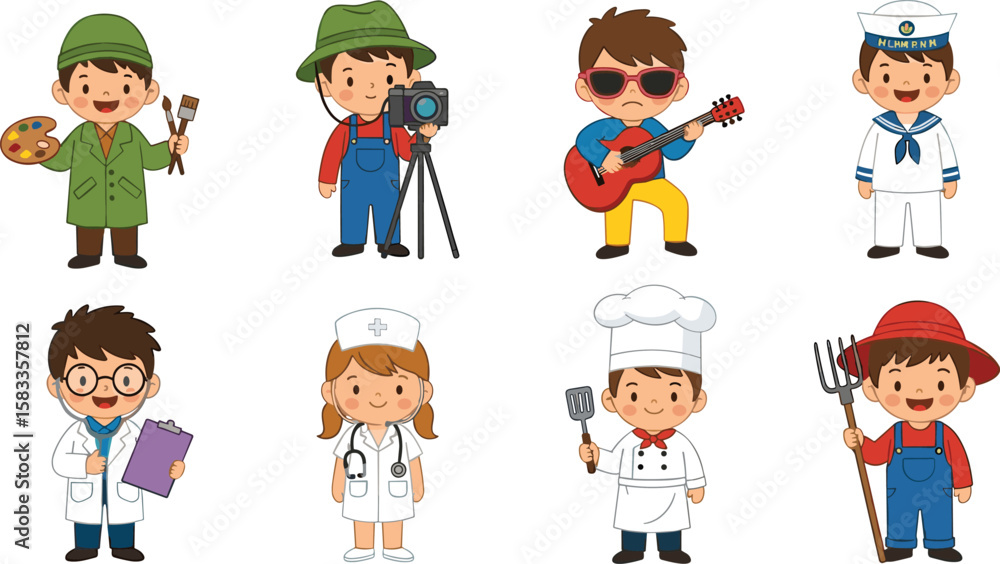 Kids dressed as doctor, chef, farmer, nurse, sailor, artist, musician, exploring careers, cartoon professions, educational vector illustration, teamwork Kids dressed as doctor, chef, farmer, nurse, sailor, artist, musician, exploring careers, cartoon professions, educational vector illustration, teamwork