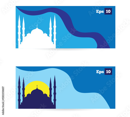 Turkish Mosque Banner with Sky and Sun Place for Text. Buildings and religious architecture vector art