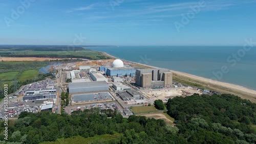 Aerial drone footage, Sizewell B nuclear power plant east coast of England Nuclear energy electricity generation North Sea powerlines 