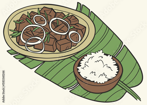 Filipino Adobo with Rice on Banana Leaf—Vector Art
