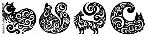 Hand-Drawn Turkish Angora Illustration, Domestic Cat Tribal Folk Art Style Vector for Pet Lover Themes Design