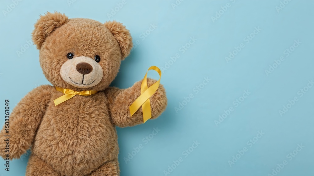 Fototapeta premium Teddy bear in brown holding a yellow awareness ribbon on blue background, depicting cancer struggle and suicide prevention initiatives.