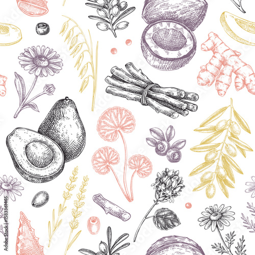 Medicinal plants seamless pattern. Natural ingredients background. Organic cosmetics design in sketched style.  NOT AI generated