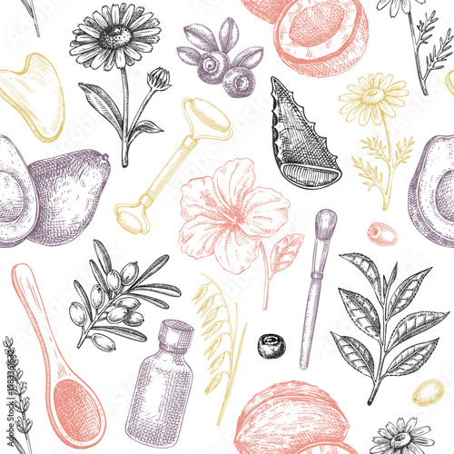 Skincare background. Organic cosmetics seamless pattern. Hand drawn vector illustration. Beauty salon vintage design. Not AI generated