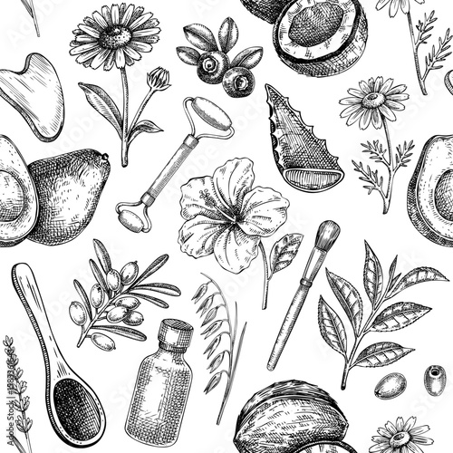 Skincare background. Organic cosmetics seamless pattern. Hand drawn vector illustration. Beauty salon vintage design. Not AI generated