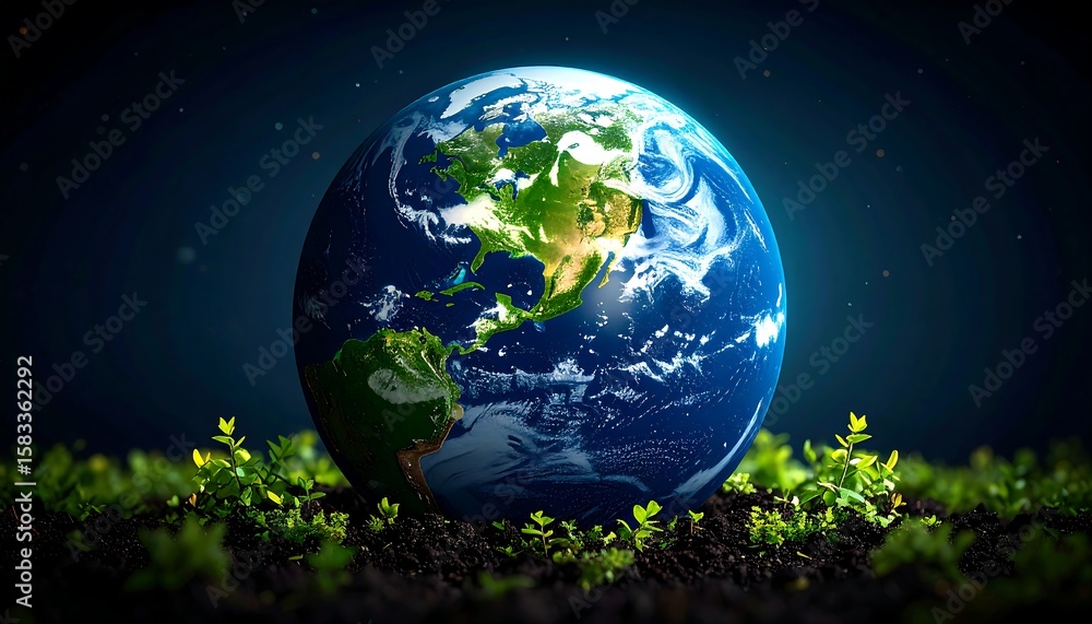 Fototapeta premium Earth globe resting on soil, surrounded by greenery, dark background