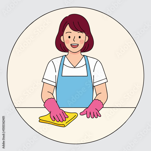 An illustration depicting a joyful woman performing household chores, specifically cleaning a surface with a cloth