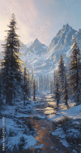 Wallpaper Mural Snowy mountain valley, tranquil winter scene. Sunlight streams through pine trees Torontodigital.ca
