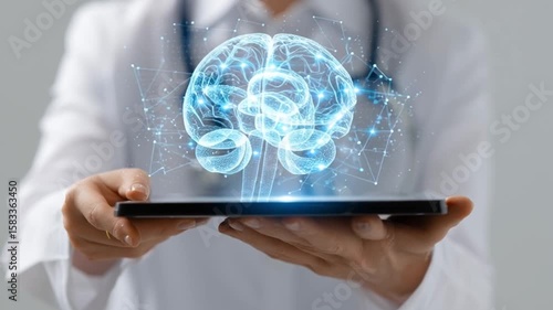 Doctor holding tablet displaying holographic human anatomy and brain interface, futuristic health data visualization, isolated on pure white background, AI medical technology concept