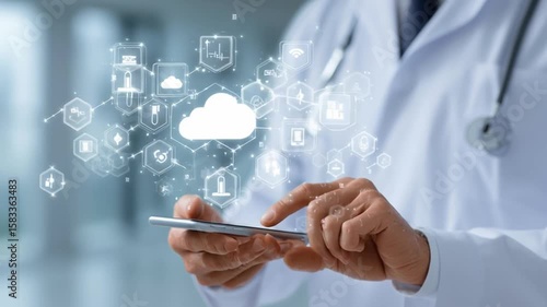 Doctor in lab coat using smartphone with floating cloud icons and medical technology symbols, digital interface overlay, isolated on white background, concept of telemedicine and AI healthcare