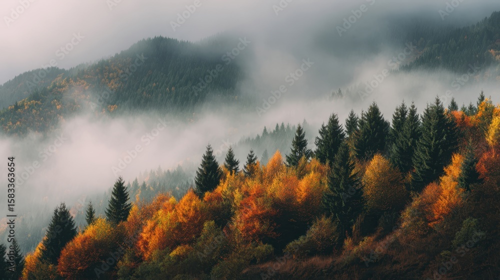 The serene autumn forest draped in misty fog amidst rolling mountains. The serene autumn forest draped in misty fog amidst rolling mountains.
