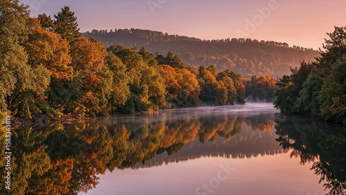 Fototapeta Naklejka Na Ścianę i Meble -  Calm early morning with fall colors by the water's edge in a peaceful locale