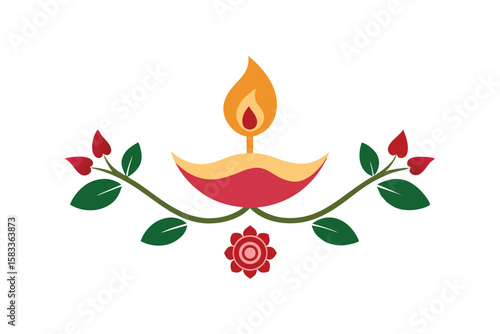 Artistic Indian Diya with ornamental rose vines cultural decor vector art illustration