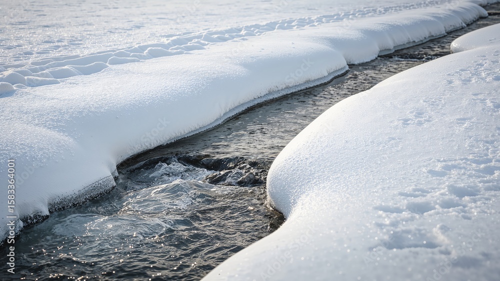 Obraz premium Watercourse moving beneath icy riverbanks