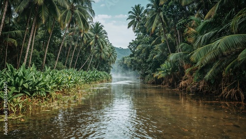 A waterway halts its course through a lush jungle, surrounded by verdant foliage and palms, with fog drifting among the trees and dry plateaus appearing as the river disappears.