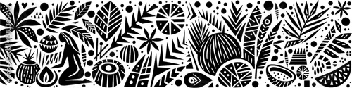 Hand‑Drawn Coconut Fruit and Woman Illustration, Tribal Tropical Folk Art Pattern Vector for Nature and Island Life Theme Designs