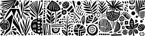 Hand‑Drawn Coconut Fruit and Woman Illustration, Tribal Tropical Folk Art Pattern Vector for Nature and Island Life Theme Designs