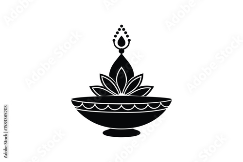 Brass look earthen Diya with lotus garland border traditional lamp vector art illustration