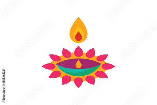 Bright Diya with garden style petal frame vibrant floral vector art illustration