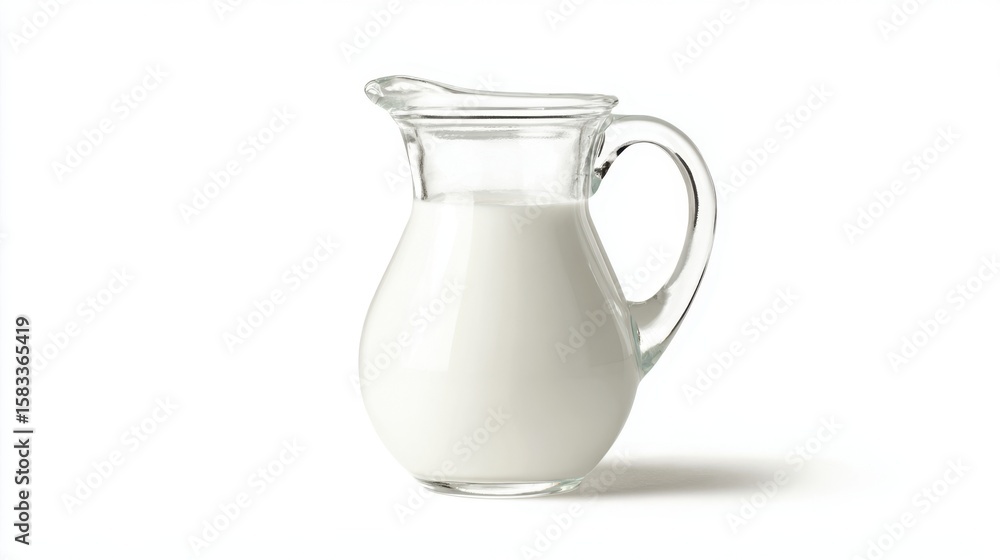 The glass pitcher filled with fresh, creamy milk on a white background. The glass pitcher filled with fresh, creamy milk on a white background.