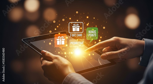 Online Shopping with Digital Tablet: E-Gift Card, Promo Code, Bonus Points. Modern Marketing Strategy, Loyalty Program, and E-commerce Concept.