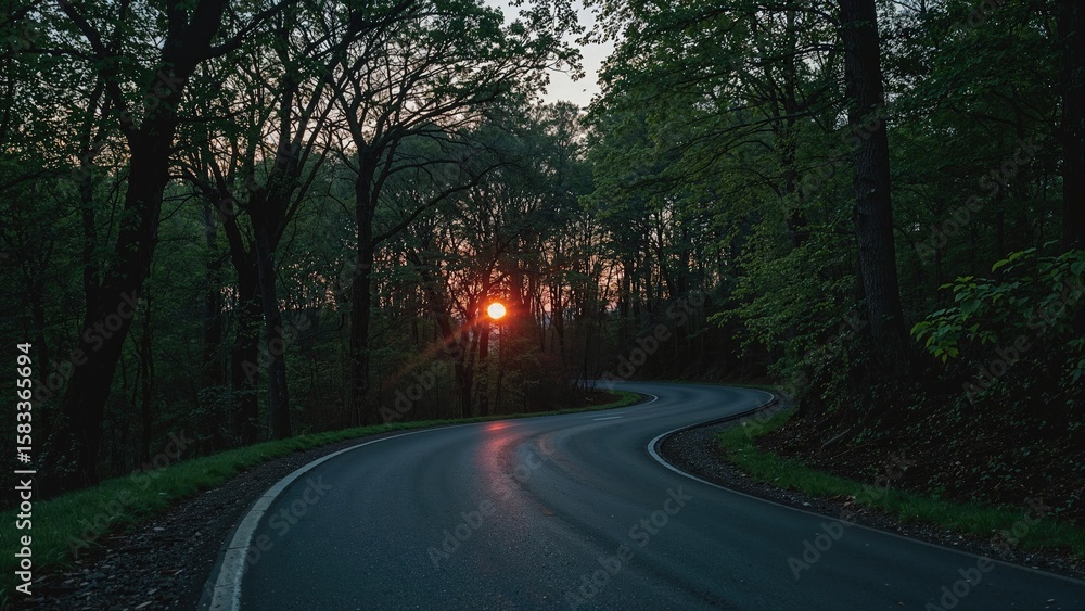 Fototapeta premium Sunset rays shining through the forest along a paved road