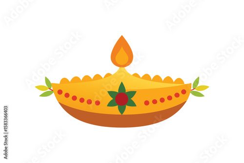 Clay Diya with flower garland border and gold accents traditional light vector art illustration