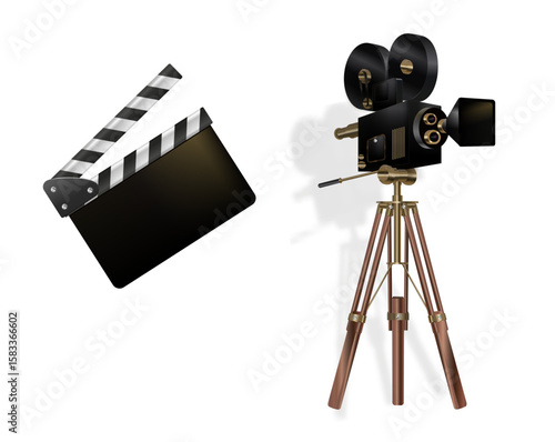 Movie camera. Vector movie clapper board. Vintage movie camera on white background.