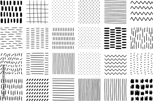 Black abstract hand drawn line patterns and shapes collection white