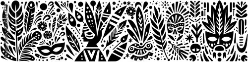 Hand‑Drawn Mask and Feather Illustration, Tribal Ceremonial Folk Art Pattern Vector for Cultural and Festival Theme Designs