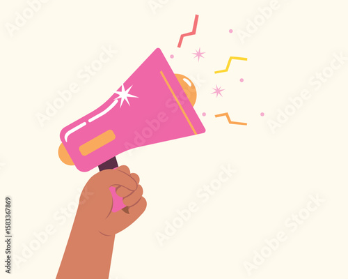 hand holding pink megaphone, Announcement sign. Marketing Campaigns and Public Event Promotions.