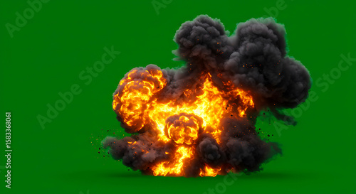 Ultra-realistic 3D render of powerful fire explosion and thick smoke cloud on light green screen background, perfectly chroma key ready for VFX compositing in film, gaming, or action scenes