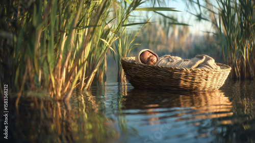 The mother who left Moses in a woven basket floating on the Nile, Moses peacefully sleeping in the Nile River.