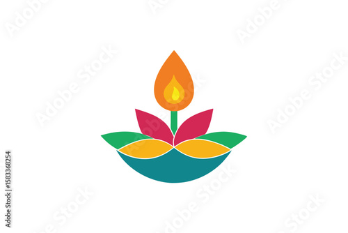 Decorative Diya with colorful leaf petal ring vibrant illumination vector art illustration