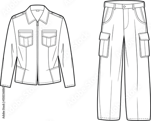 Flat vector CAD drawing of cargo pants with button waist and utility jacket with chest pockets, detailed technical fashion sketch