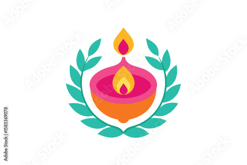 Diwali Diya with vibrant botanical frame festive illumination vector art illustration