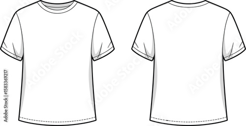 CAD flat vector illustration of short sleeve rolled hem t-shirt front and back view, simple clean fashion design template