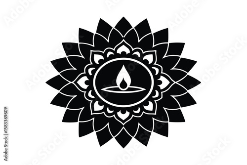 Diya in center of mandala flower circle spiritual light vector art illustration